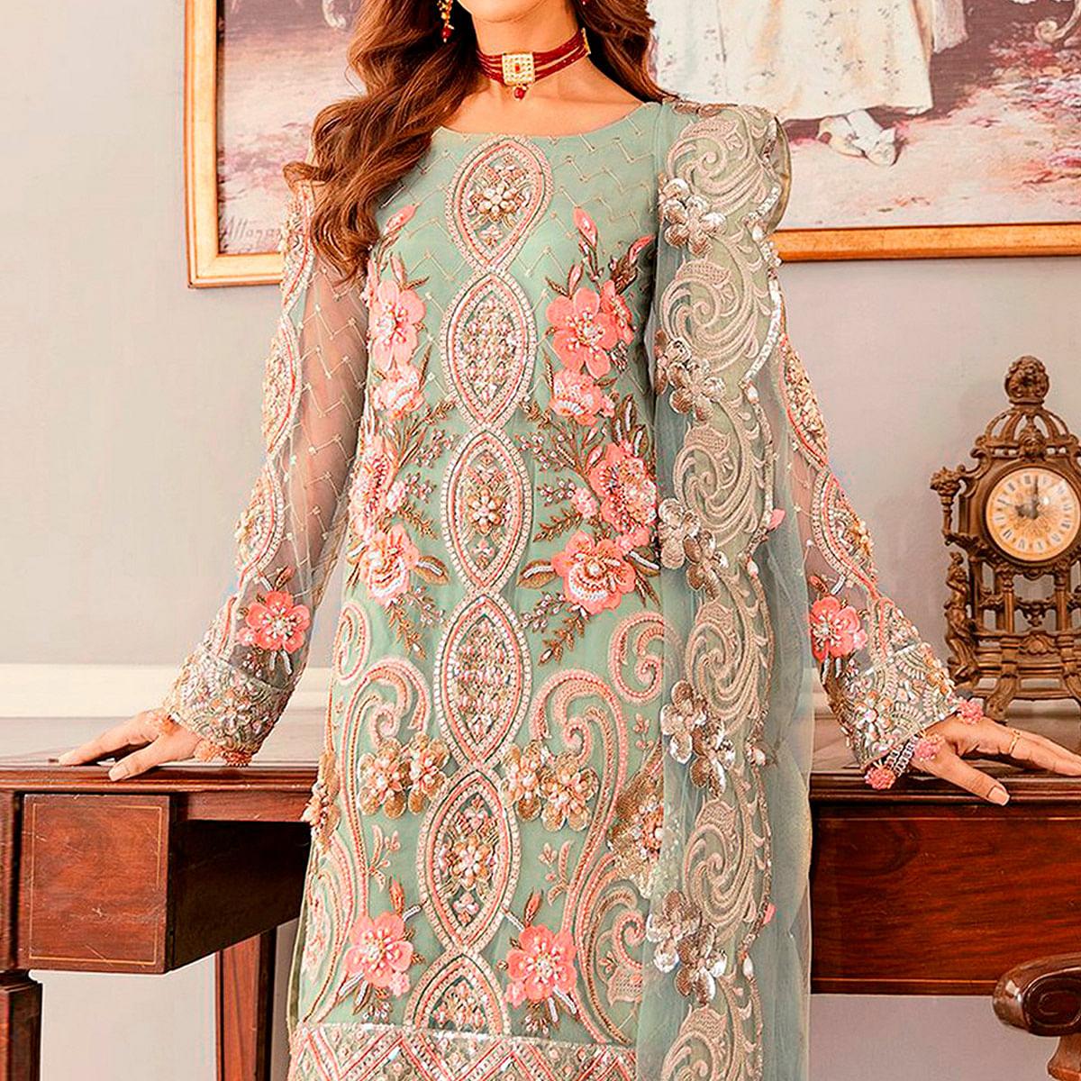 Green Sequence Embroidered Soft Net Partywear Pakistani Suit - Peachmode