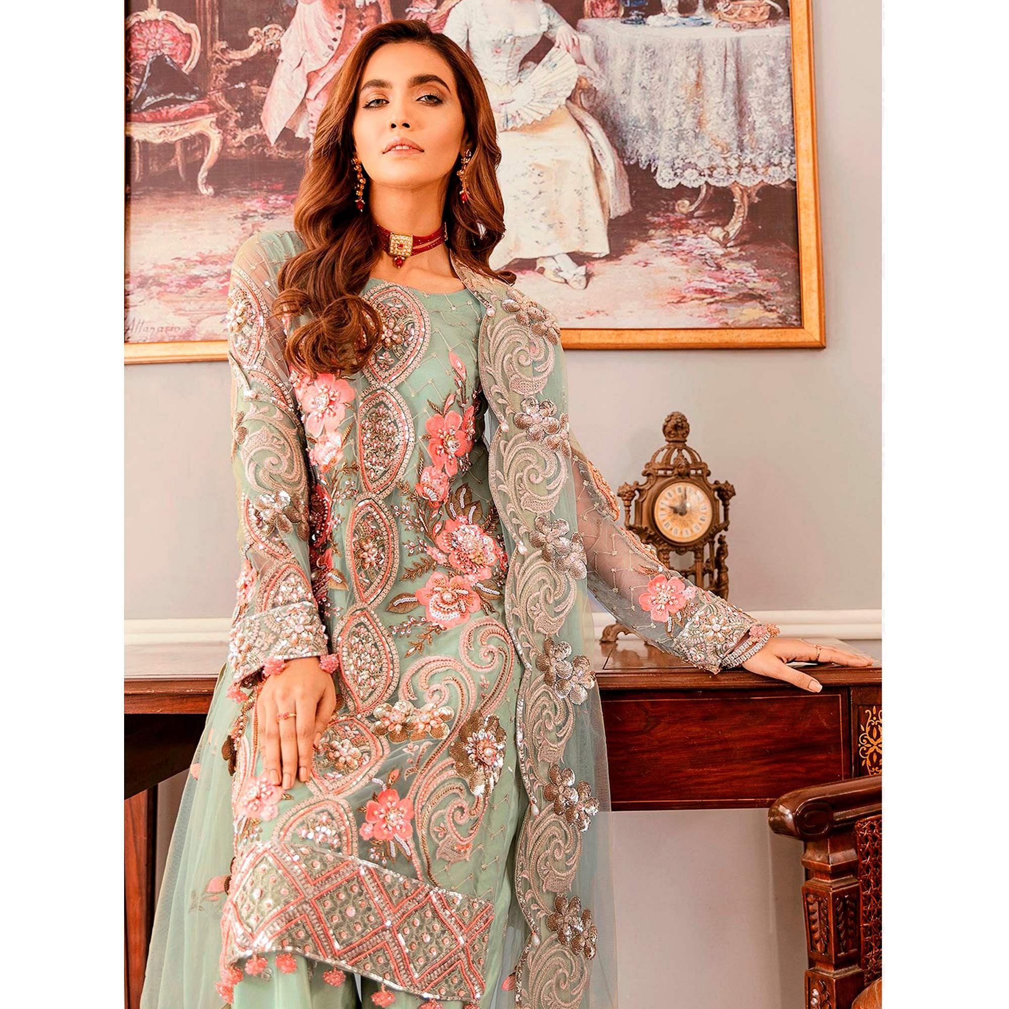 Green Sequence Embroidered Soft Net Partywear Pakistani Suit - Peachmode