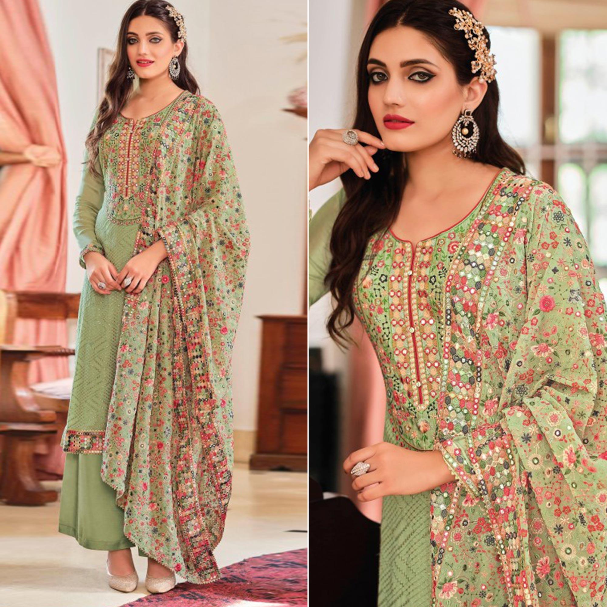 Green Sequence Embroidered With Mirror Work Georgette Palazzo Suit - Peachmode