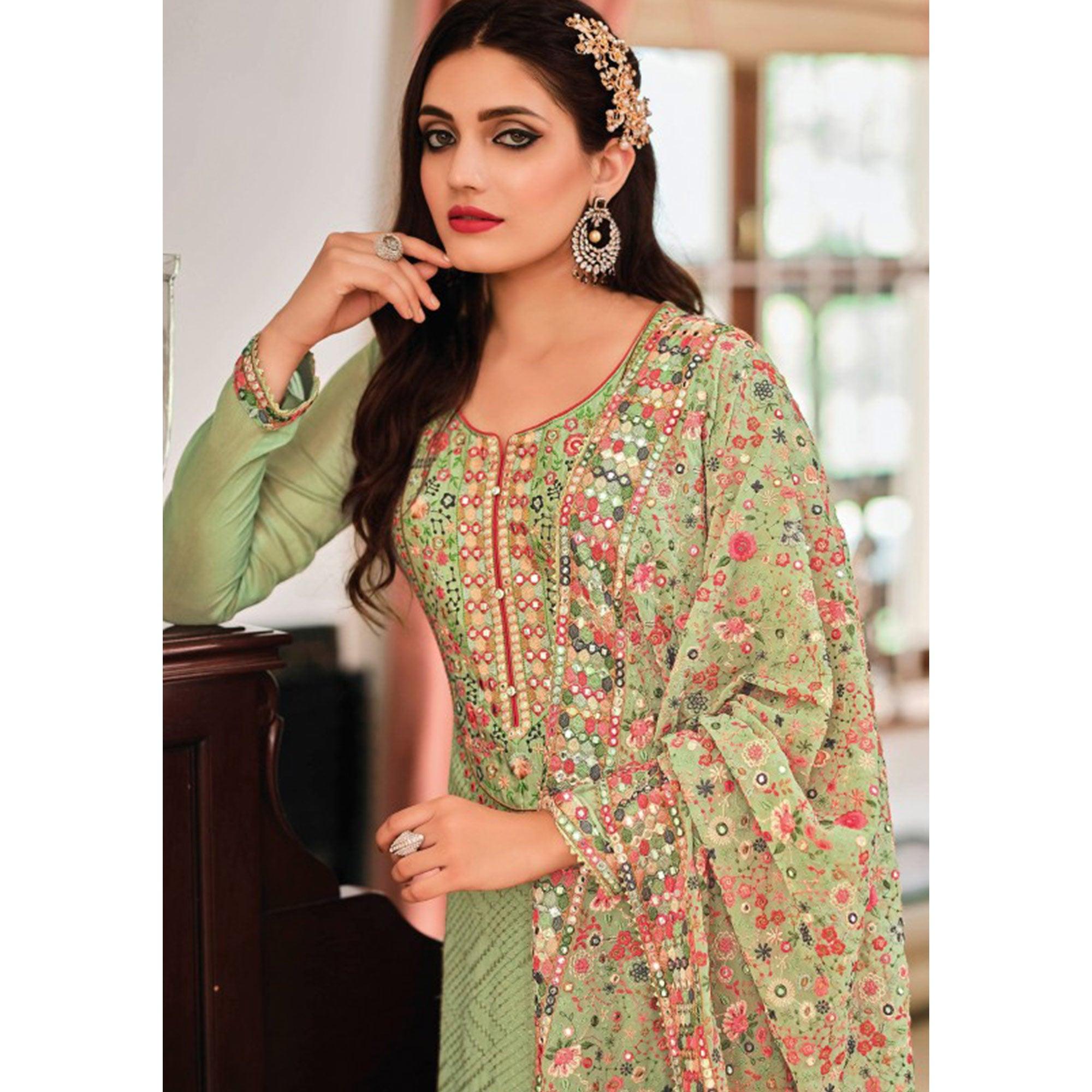 Green Sequence Embroidered With Mirror Work Georgette Palazzo Suit - Peachmode