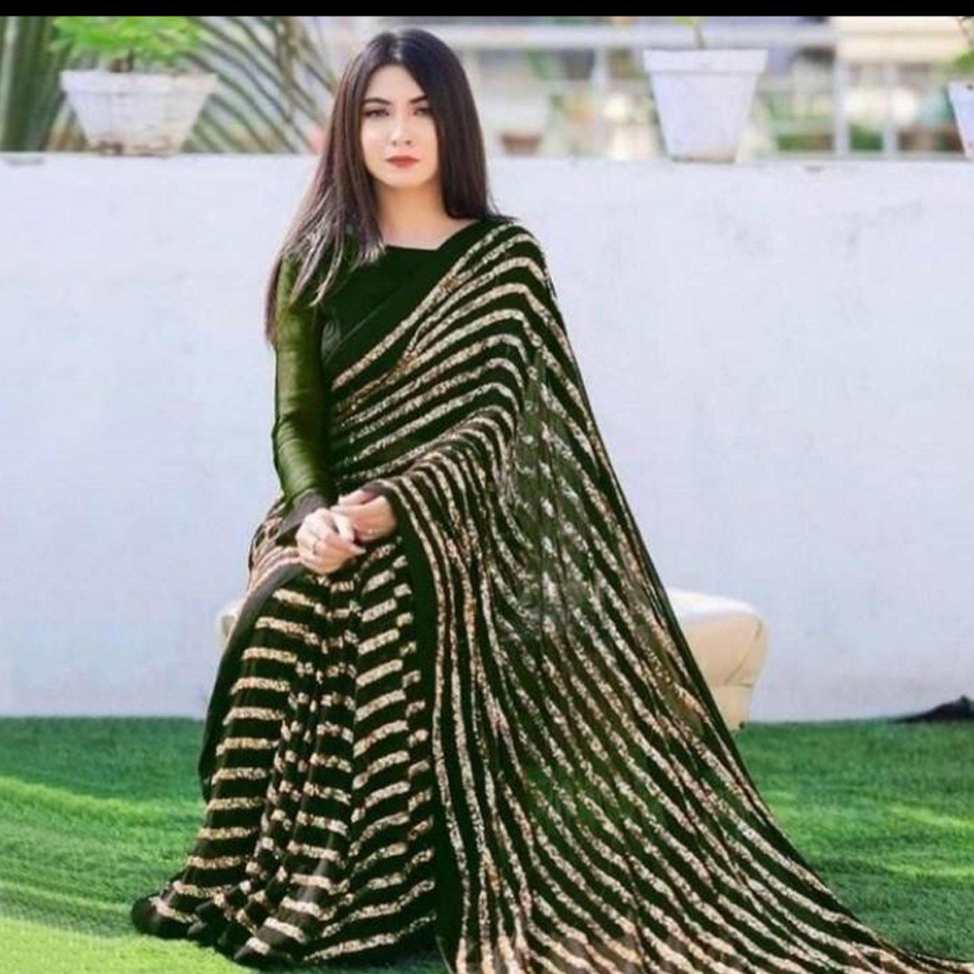 Green Sequence Embroidered With Stripes Georgette Saree - Peachmode