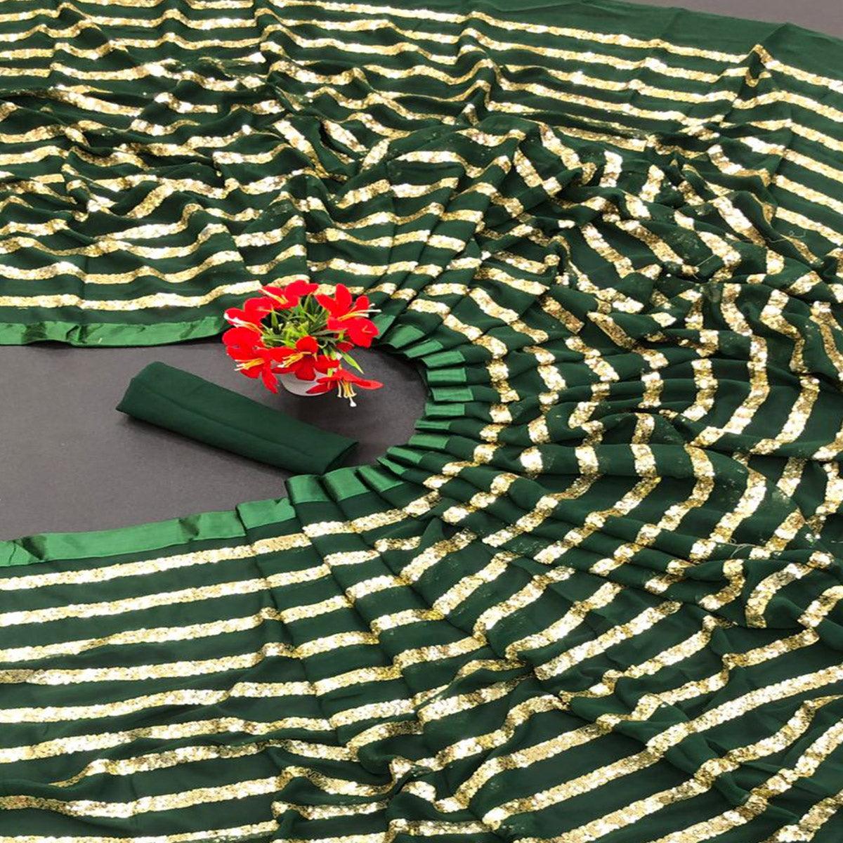 Green Sequence Embroidered With Stripes Georgette Saree - Peachmode