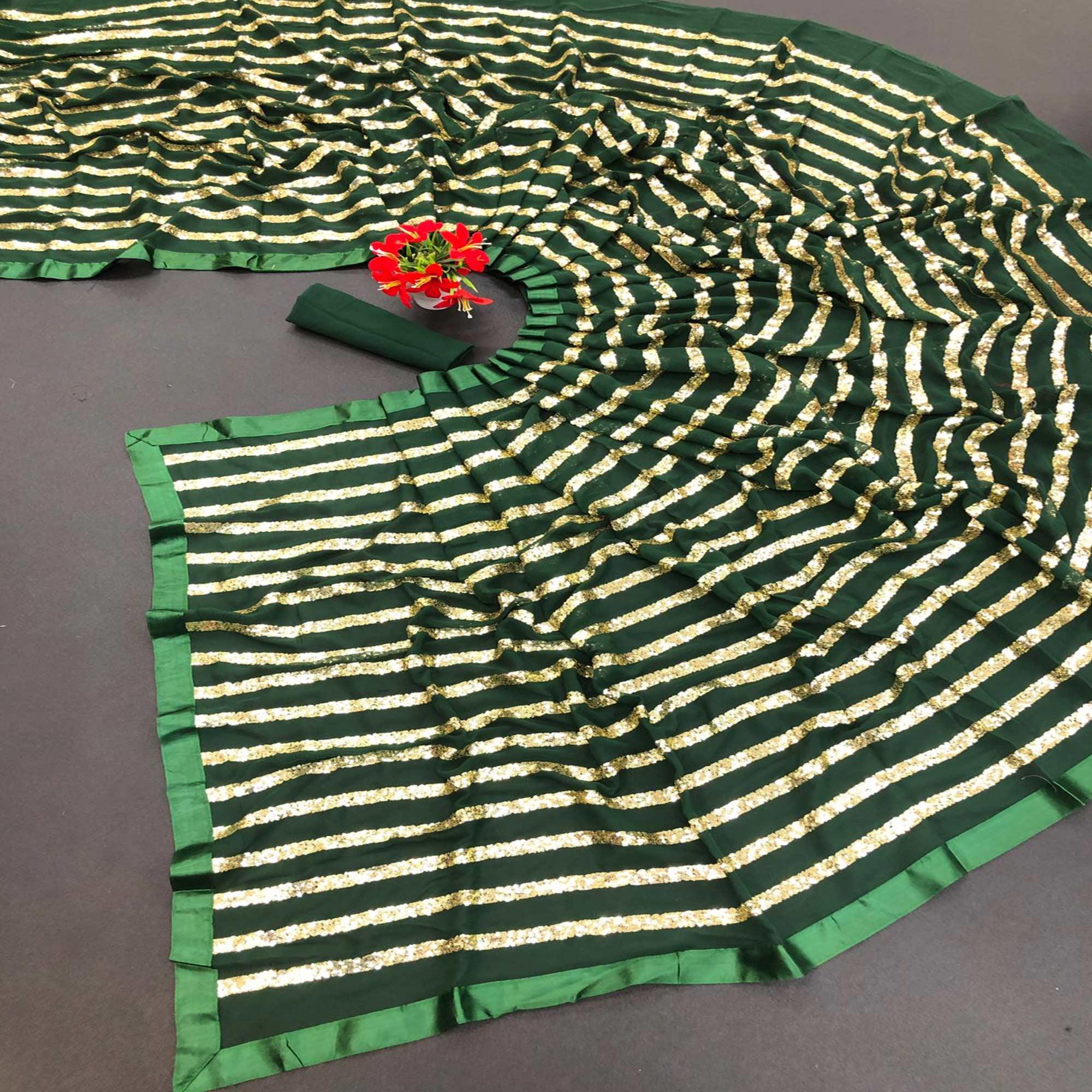 Green Sequence Embroidered With Stripes Georgette Saree - Peachmode