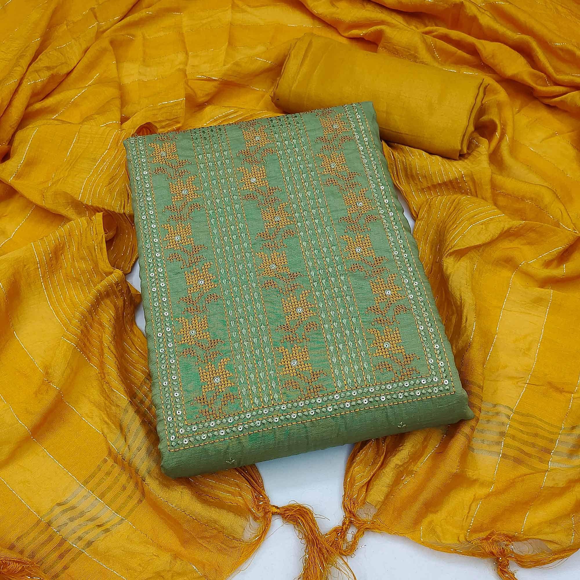 Green Sequence Floral Embroidered Cotton Blend Dress Material - Peachmode