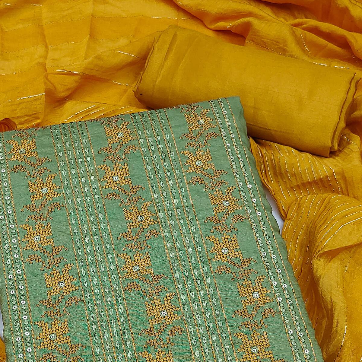 Green Sequence Floral Embroidered Cotton Blend Dress Material - Peachmode