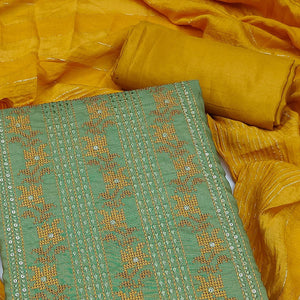 Green Sequence Floral Embroidered Cotton Blend Dress Material - Peachmode