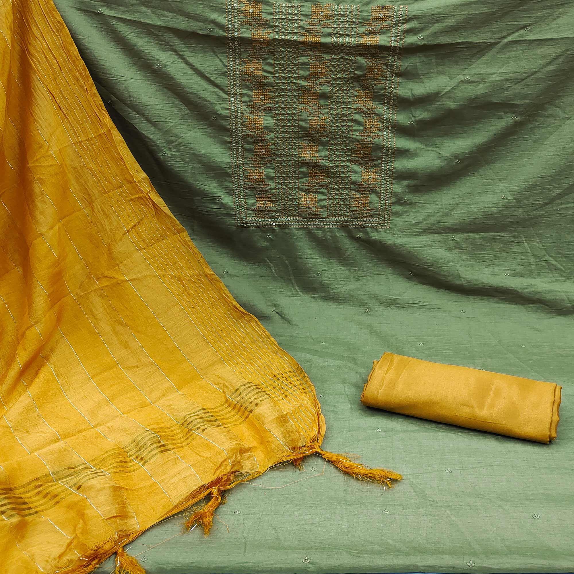 Green Sequence Floral Embroidered Cotton Blend Dress Material - Peachmode