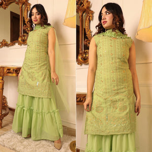 Green Sequence Floral Embroidered Georgette Sharara Suit - Peachmode