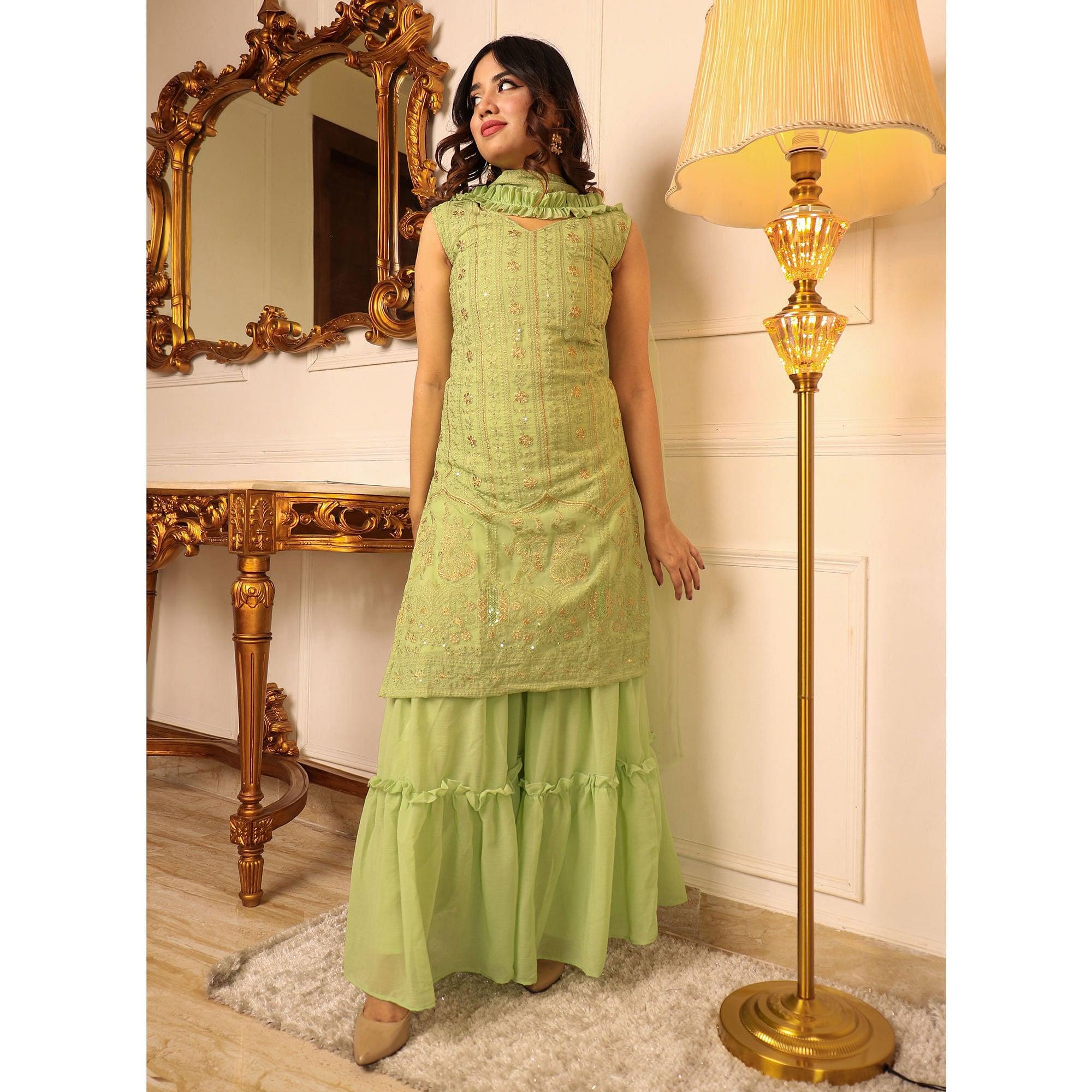 Green Sequence Floral Embroidered Georgette Sharara Suit - Peachmode