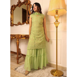 Green Sequence Floral Embroidered Georgette Sharara Suit - Peachmode
