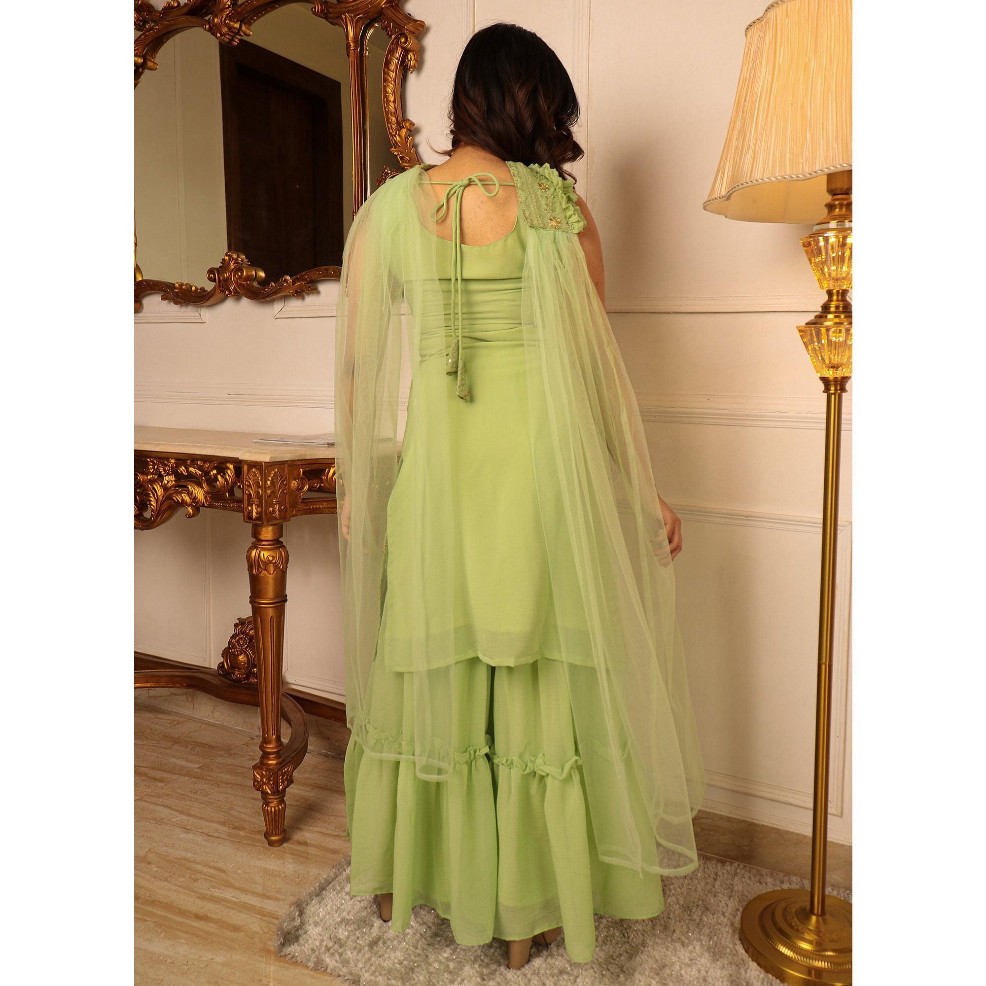 Green Sequence Floral Embroidered Georgette Sharara Suit - Peachmode