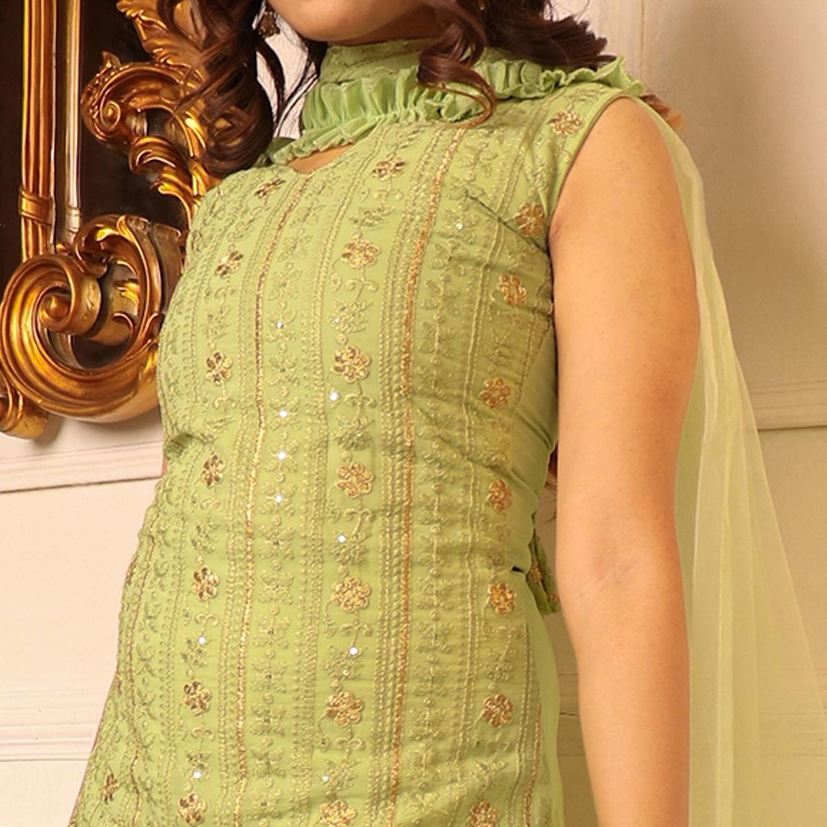 Green Sequence Floral Embroidered Georgette Sharara Suit - Peachmode
