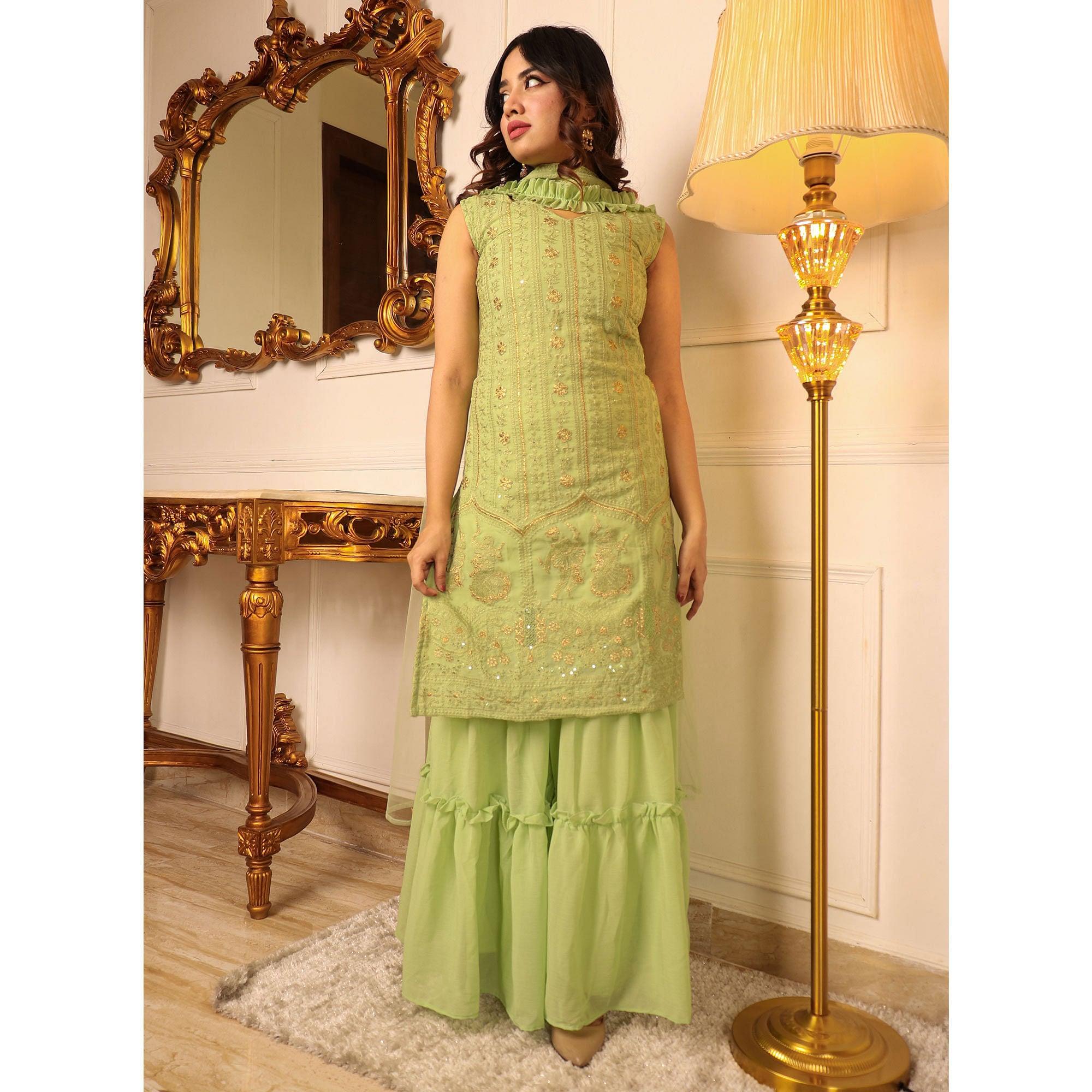 Green Sequence Floral Embroidered Georgette Sharara Suit - Peachmode