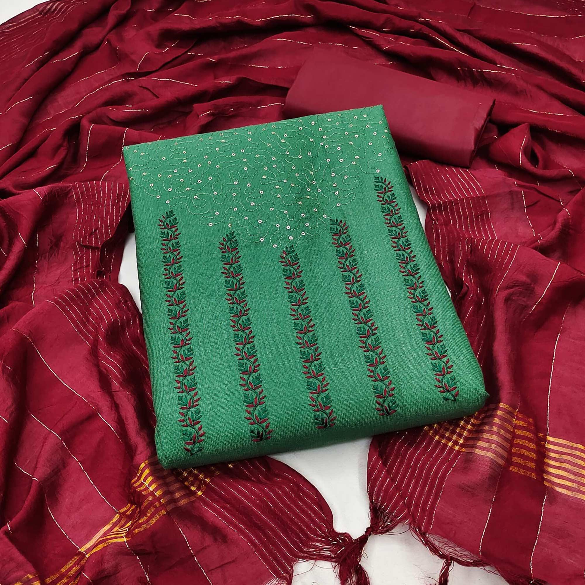 Green Sequence Floral Embroidered Pure Cotton Dress Material - Peachmode