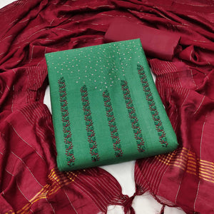 Green Sequence Floral Embroidered Pure Cotton Dress Material - Peachmode