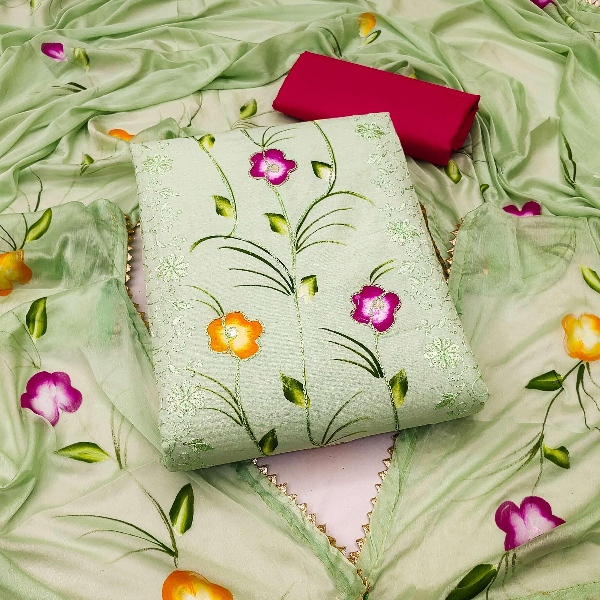 Green Sequence Floral Embroidered Pure Cotton Dress Material - Peachmode