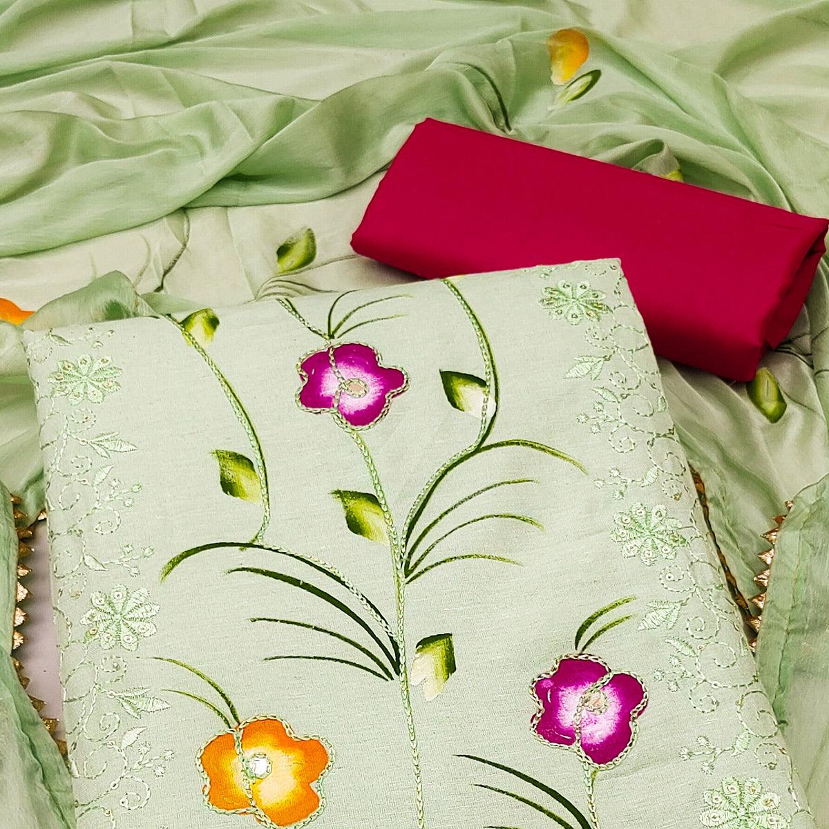 Green Sequence Floral Embroidered Pure Cotton Dress Material - Peachmode