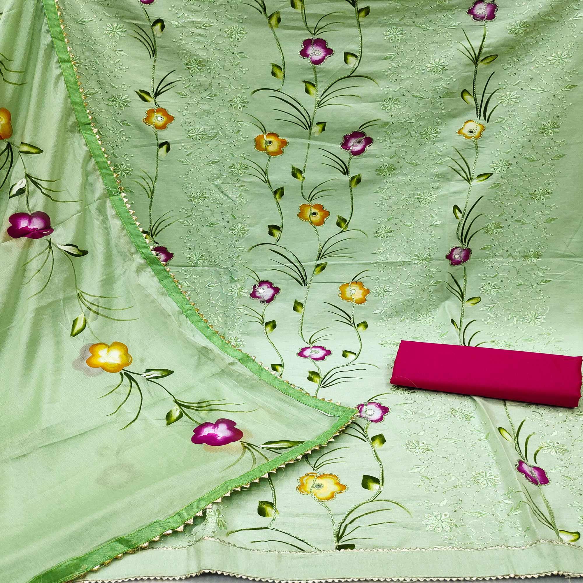 Green Sequence Floral Embroidered Pure Cotton Dress Material - Peachmode