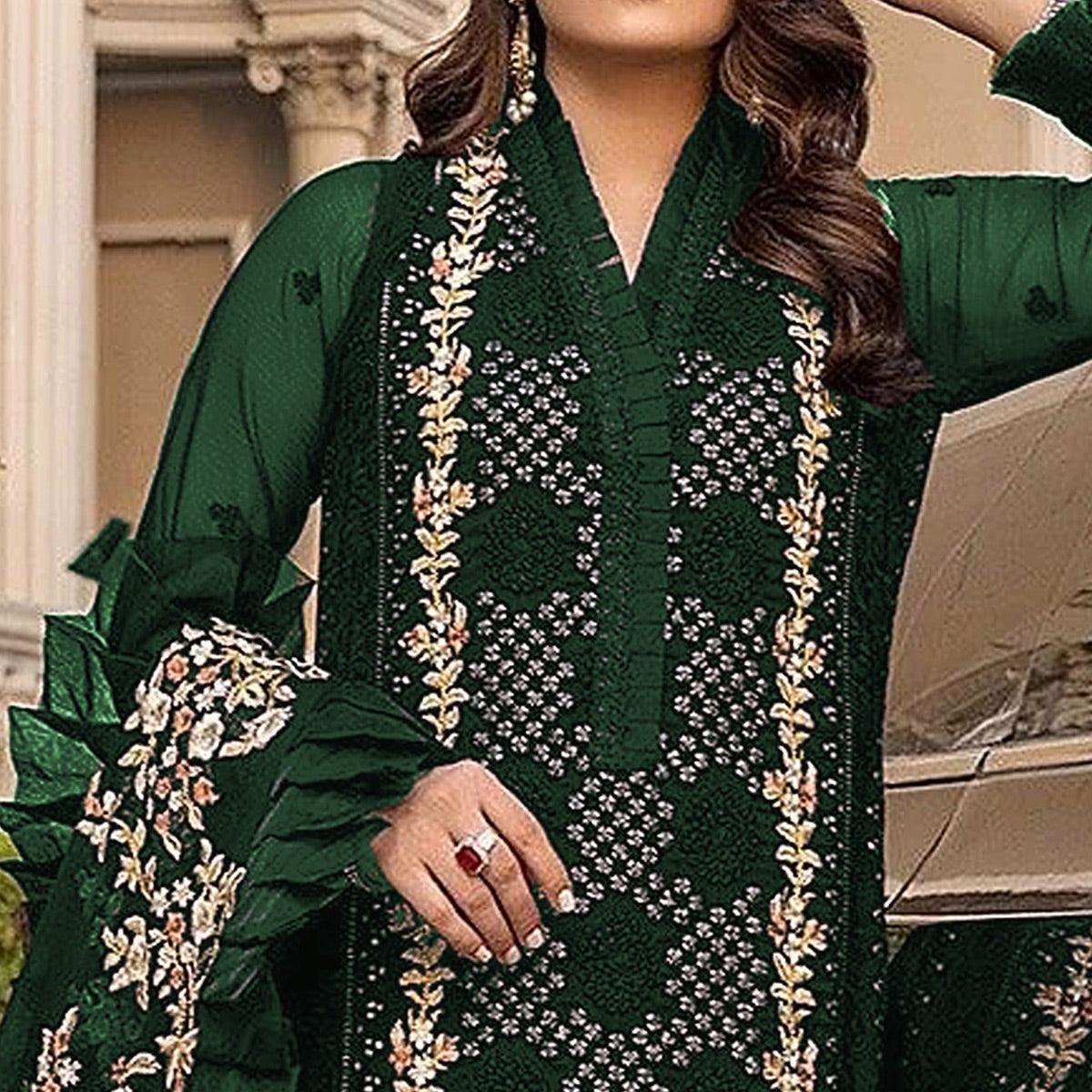 Green Sequence With Floral Embroidered Georgette Pakistani Suit - Peachmode