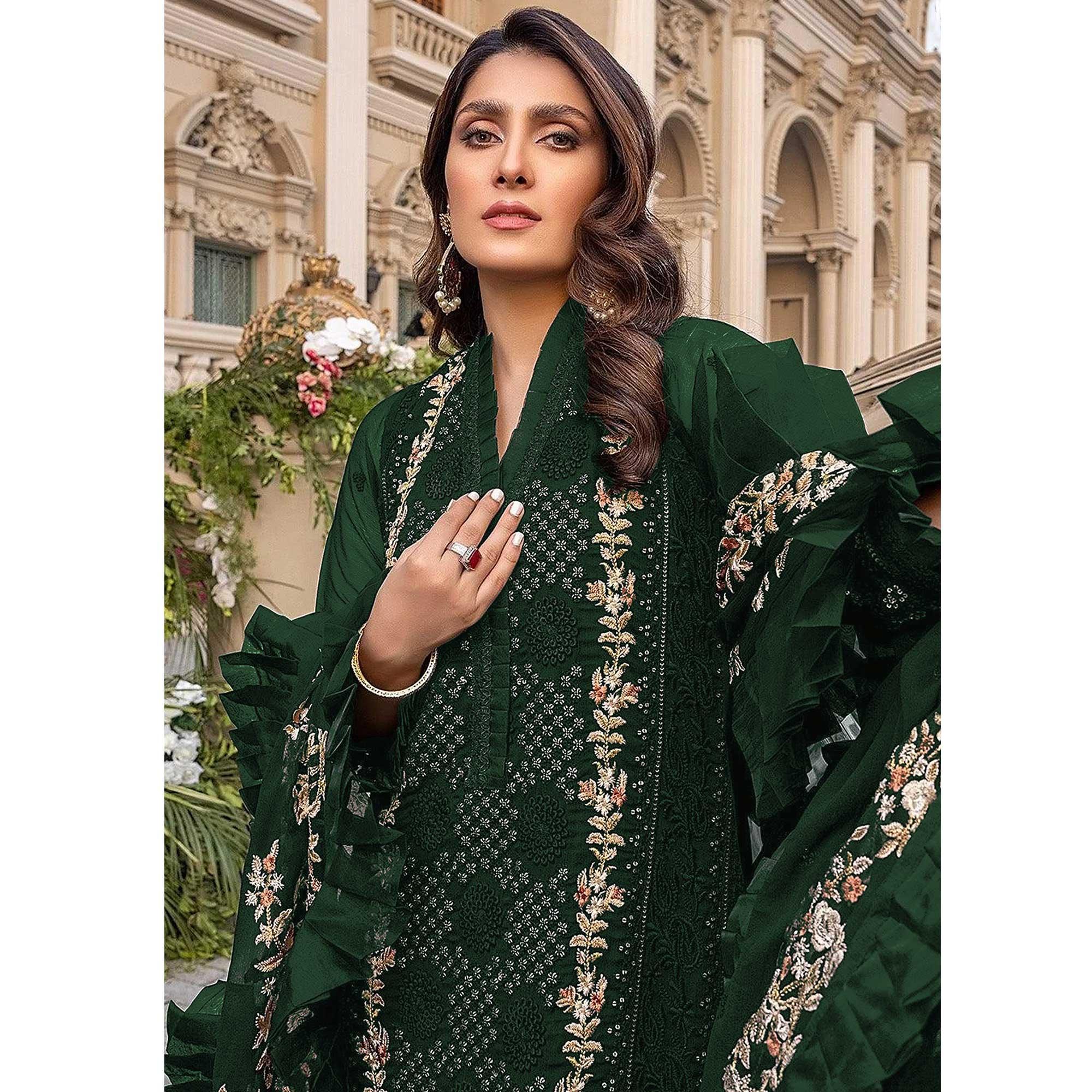 Green Sequence With Floral Embroidered Georgette Pakistani Suit - Peachmode