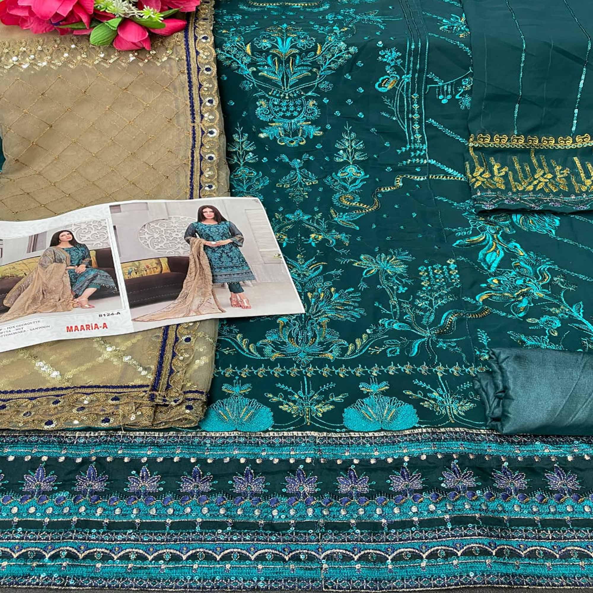 Green Sequence With Floral Embroidered Georgette Pakistani Suit - Peachmode