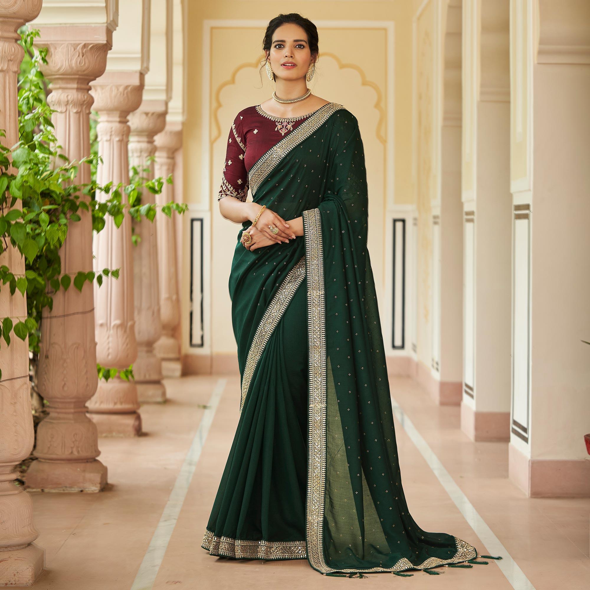 Green Sequence With swarovski Work Vichitra Silk Saree - Peachmode