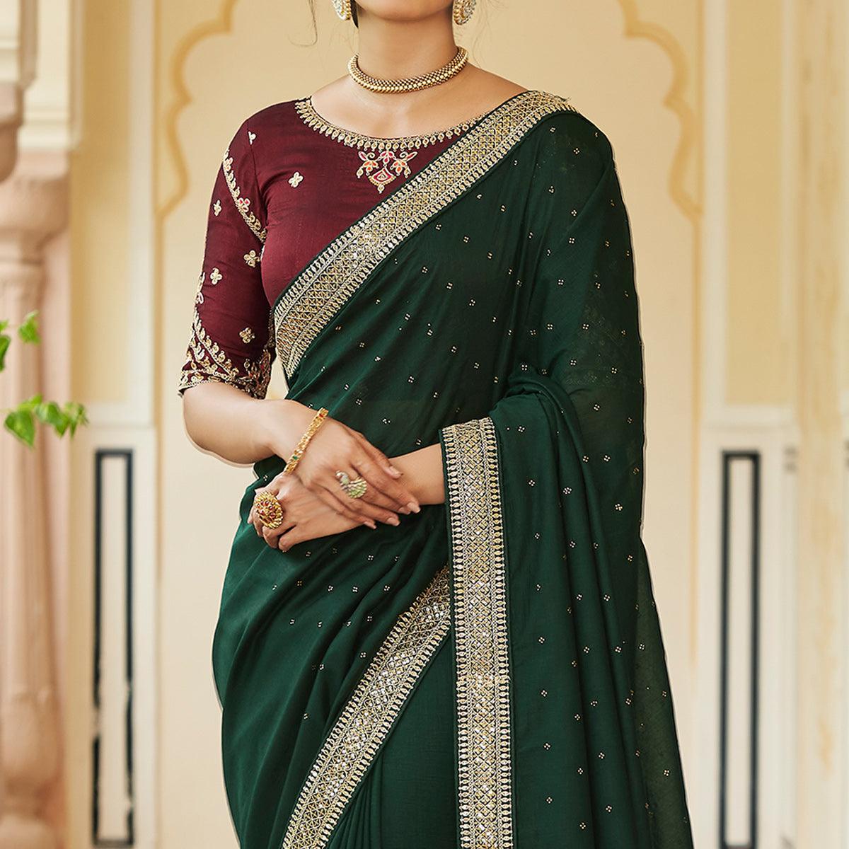 Green Sequence With swarovski Work Vichitra Silk Saree - Peachmode