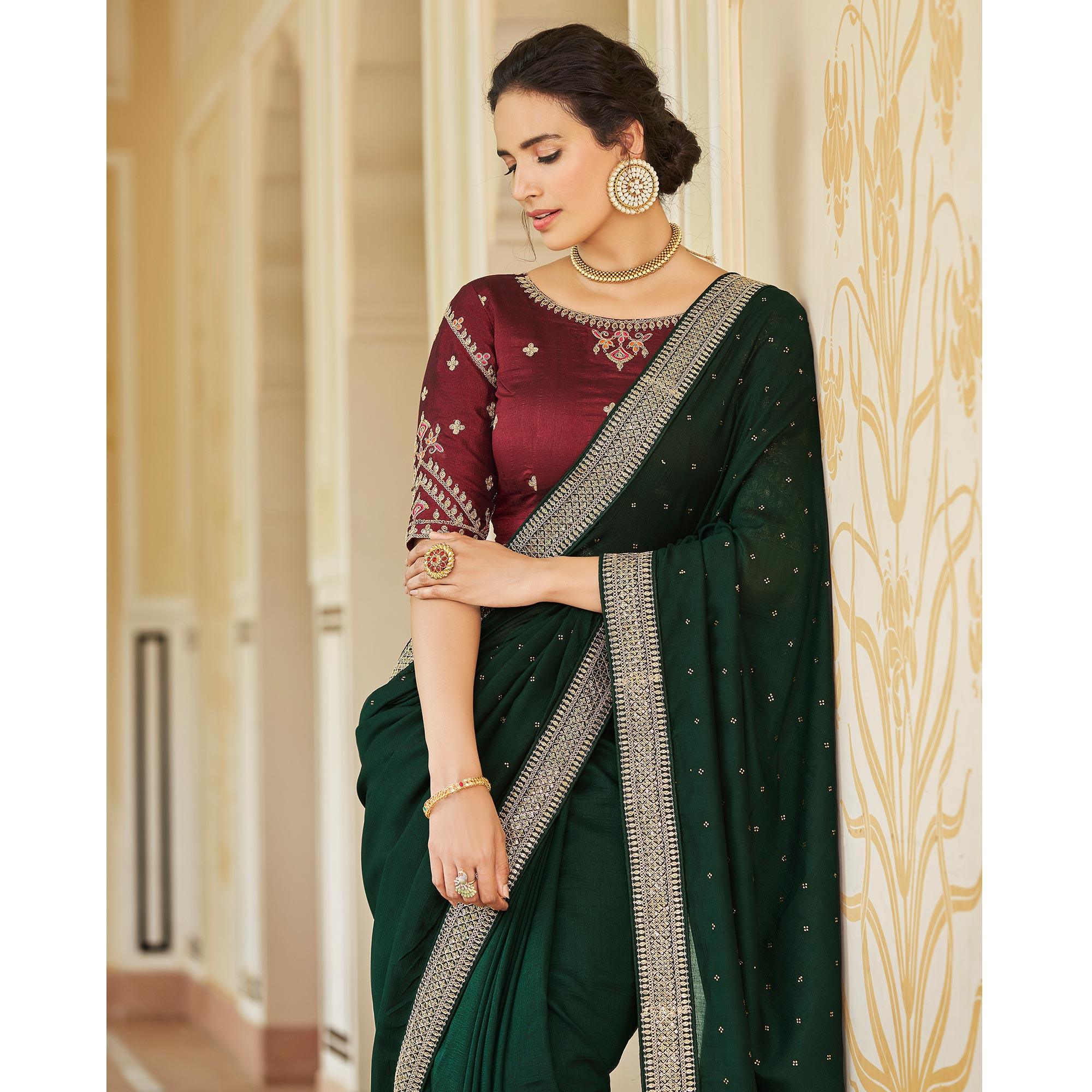 Green Sequence With swarovski Work Vichitra Silk Saree - Peachmode