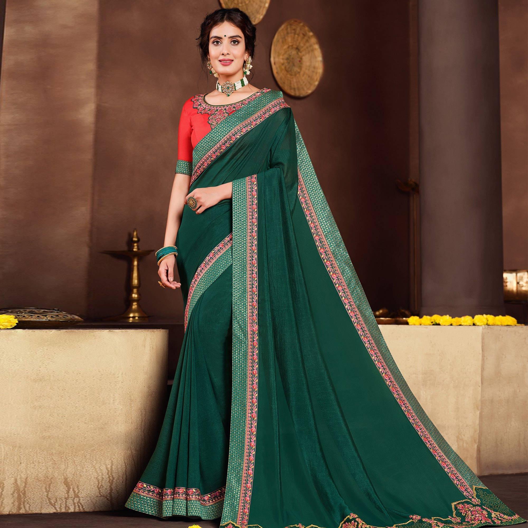 Green Solid Art Silk Saree - Peachmode