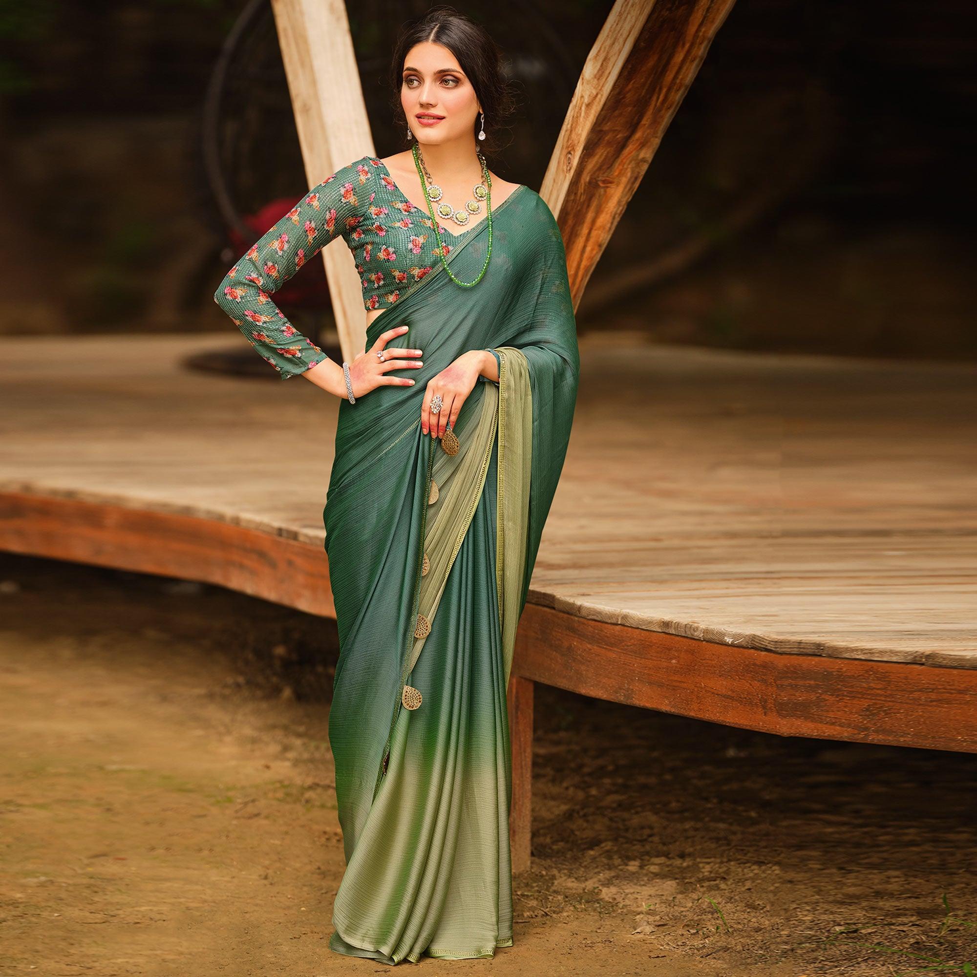 Green Solid Chiffon Saree - Peachmode