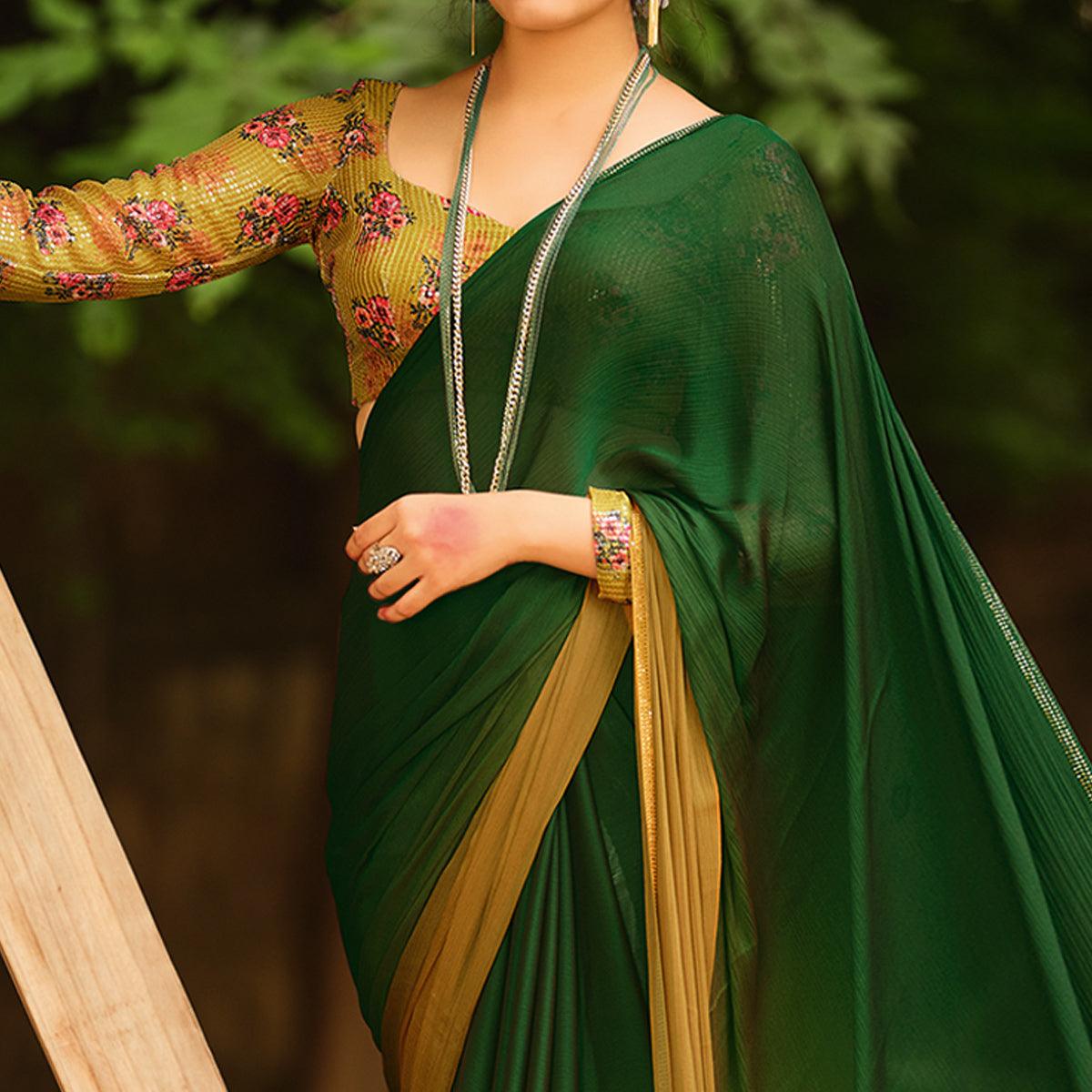 Green Solid Chiffon Saree - Peachmode