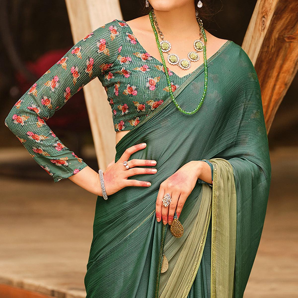 Green Solid Chiffon Saree - Peachmode