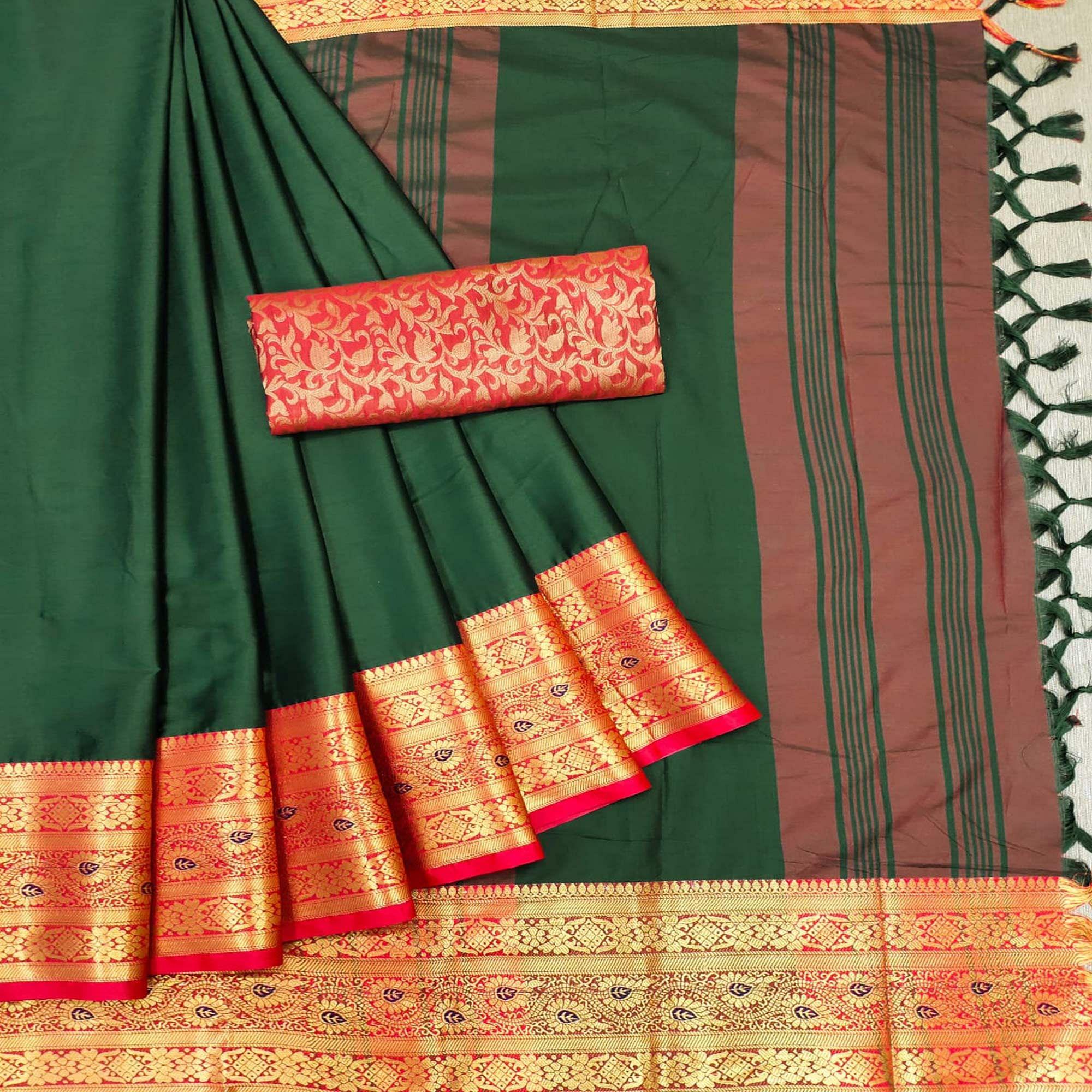 Green Solid Cotton Silk Saree - Peachmode