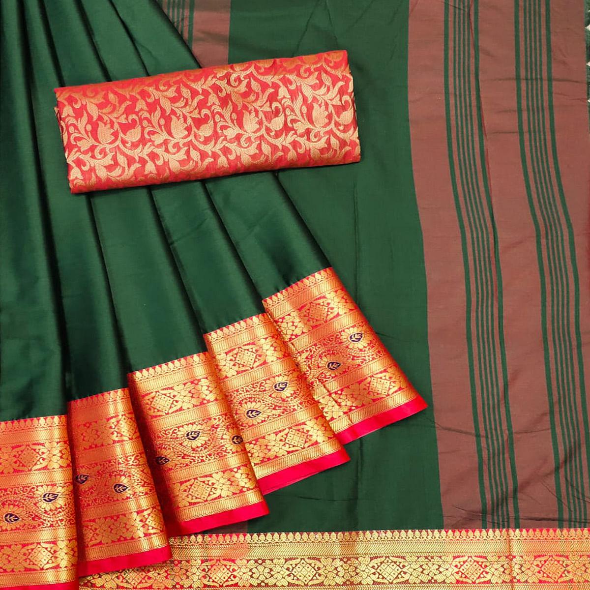 Green Solid Cotton Silk Saree - Peachmode