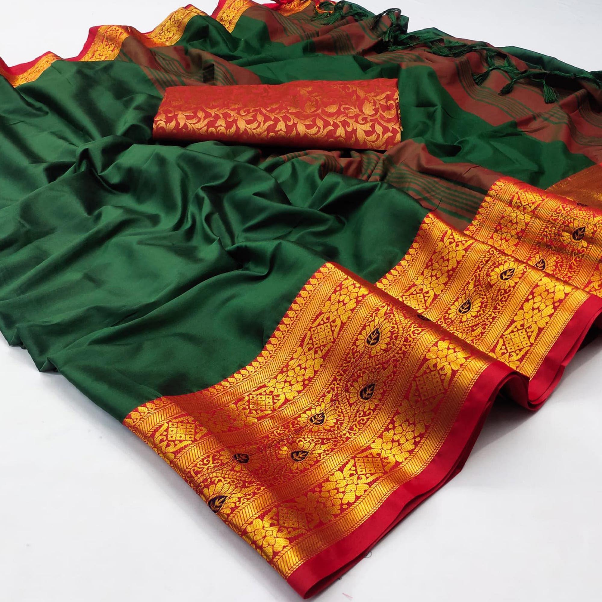 Green Solid Cotton Silk Saree - Peachmode