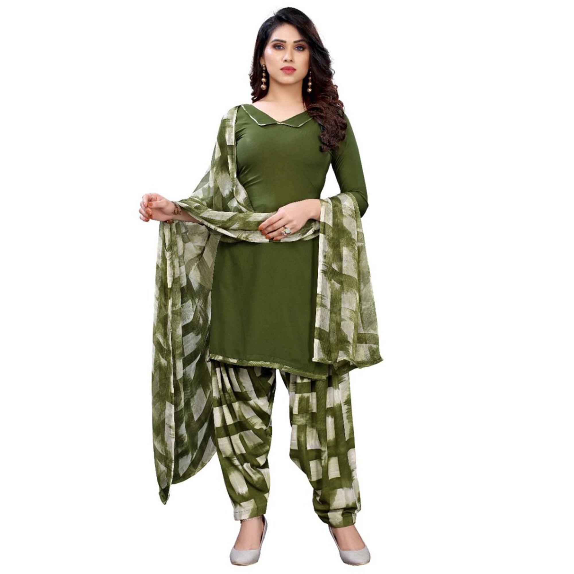 Green Solid Crepe Patiala Dress Material - Peachmode