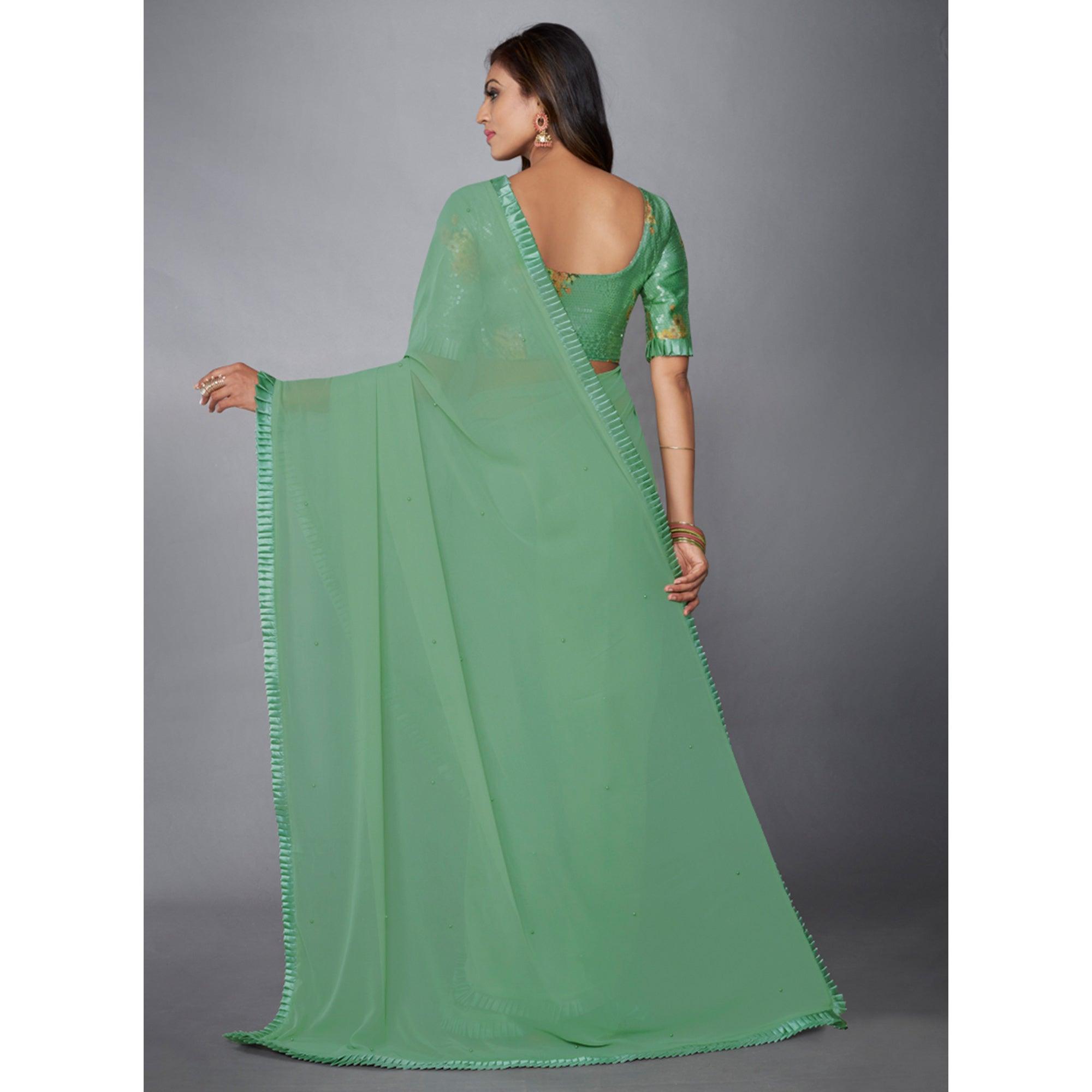 Green Solid Georgette Saree - Peachmode