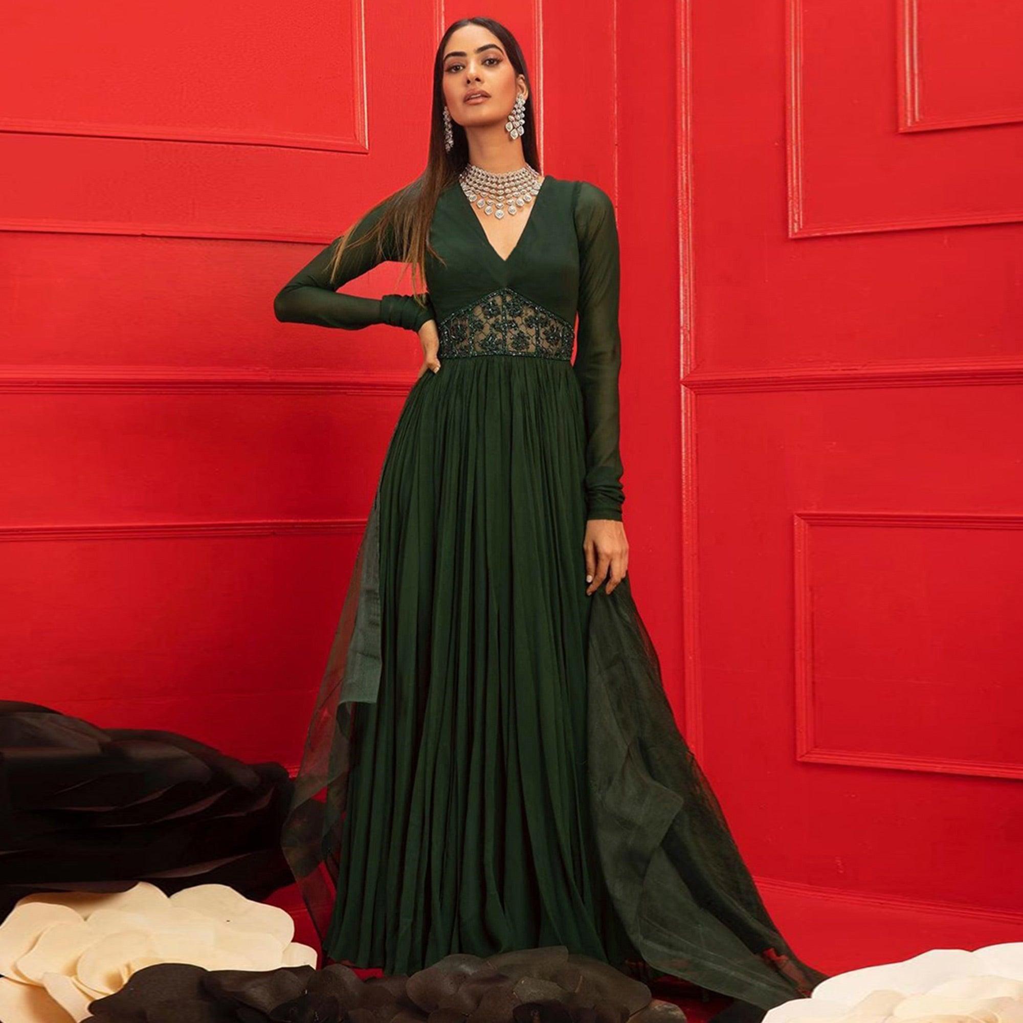 Green Solid-Handwork Georgette Gown With Dupatta - Peachmode