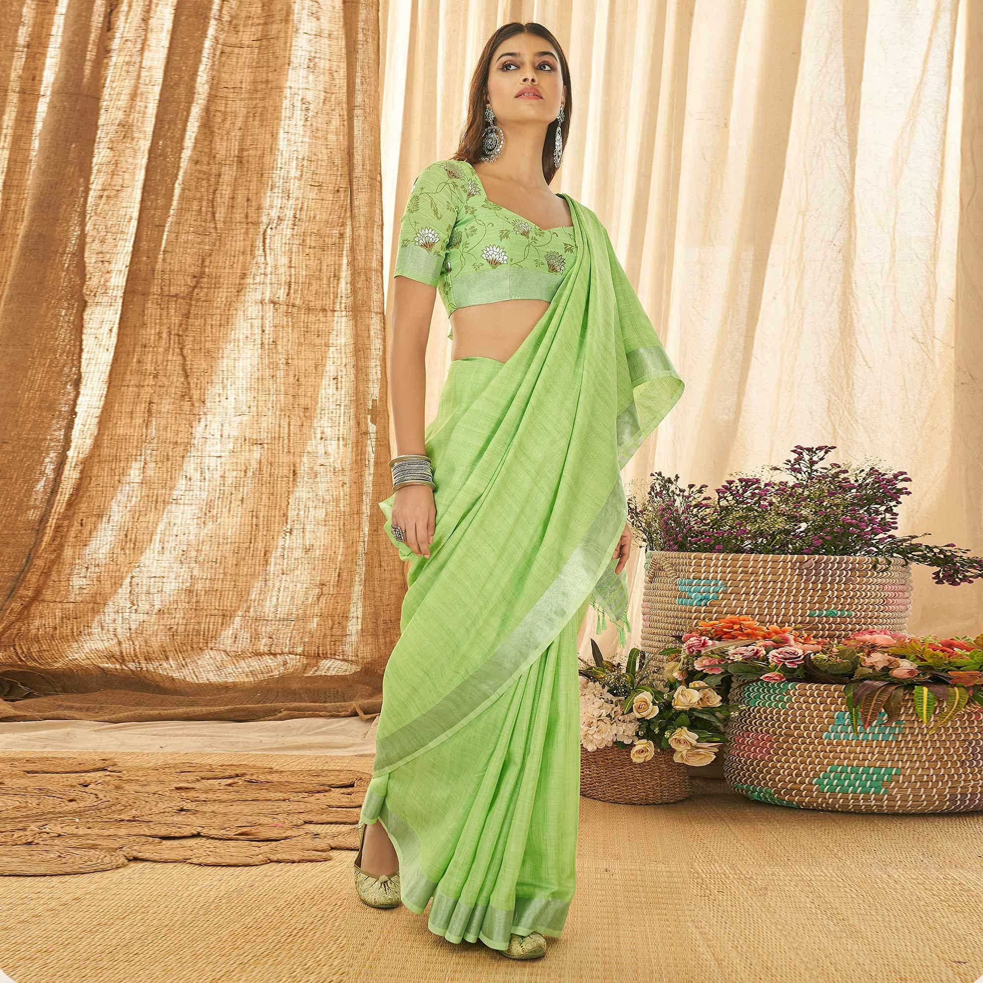 Green Solid Linen Saree - Peachmode