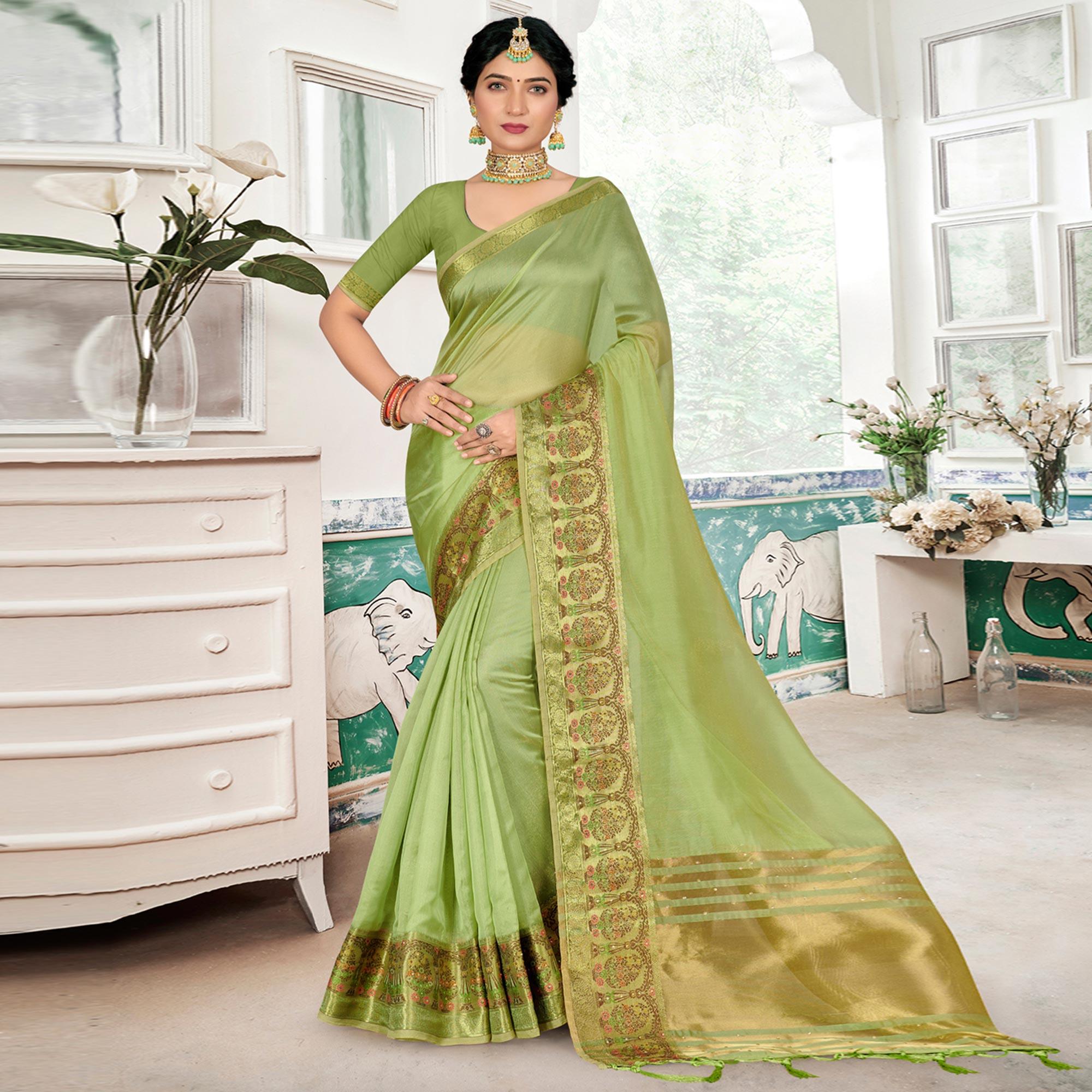 Green Solid Organza Saree - Peachmode
