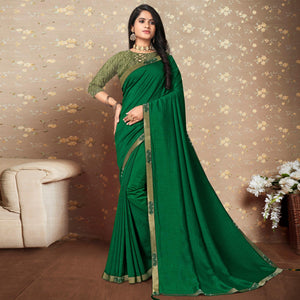 Green Solid Vichitra Silk Saree - Peachmode