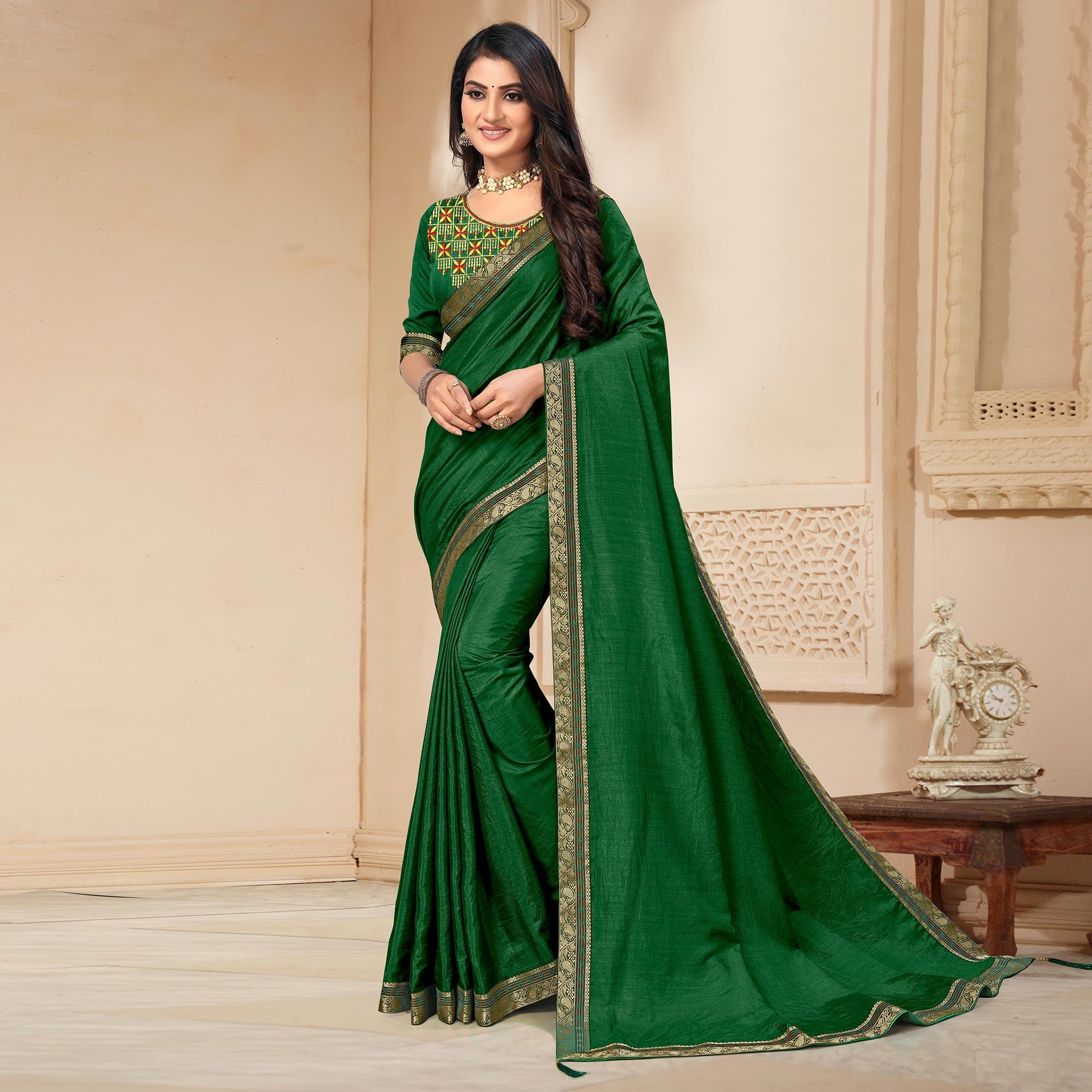 Green Solid Vichitra Silk Saree - Peachmode