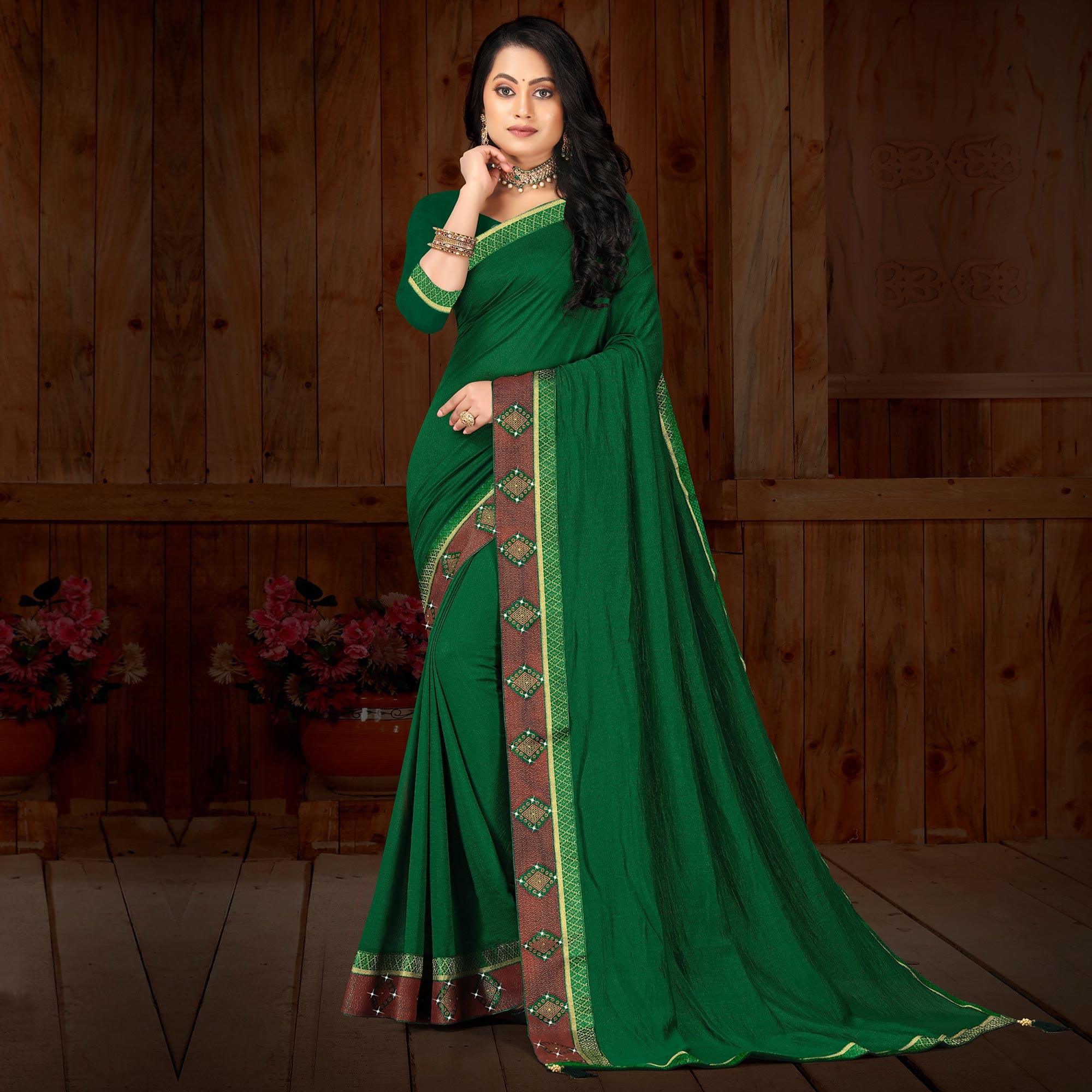 Green Solid Vichitra Silk Saree - Peachmode