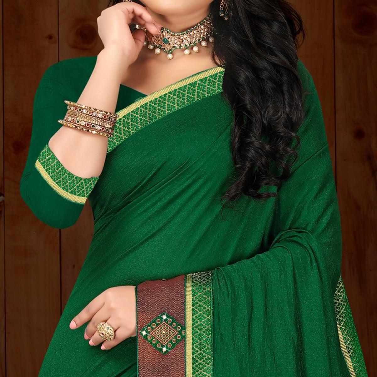 Green Solid Vichitra Silk Saree - Peachmode