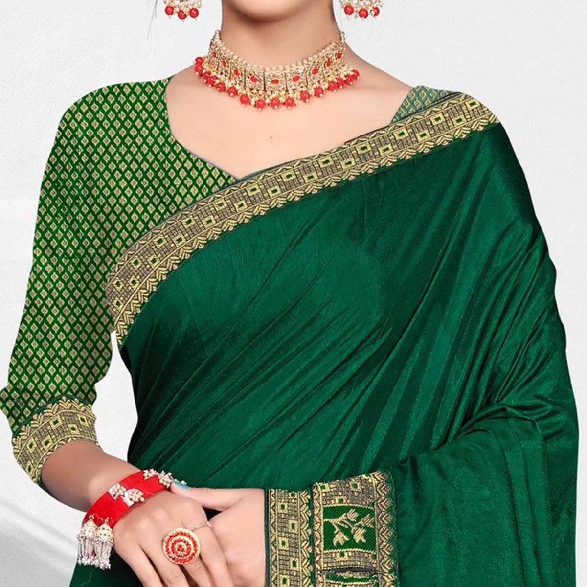 Green Solid Vichitra Silk Saree - Peachmode
