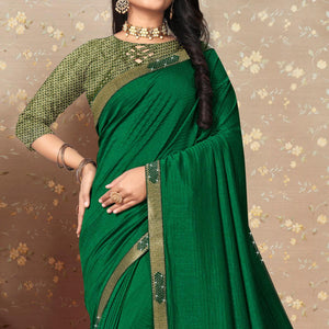 Green Solid Vichitra Silk Saree - Peachmode