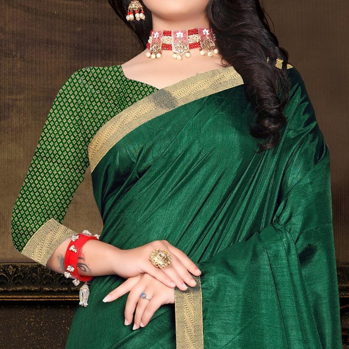 Green Solid Vichitra Silk Saree - Peachmode