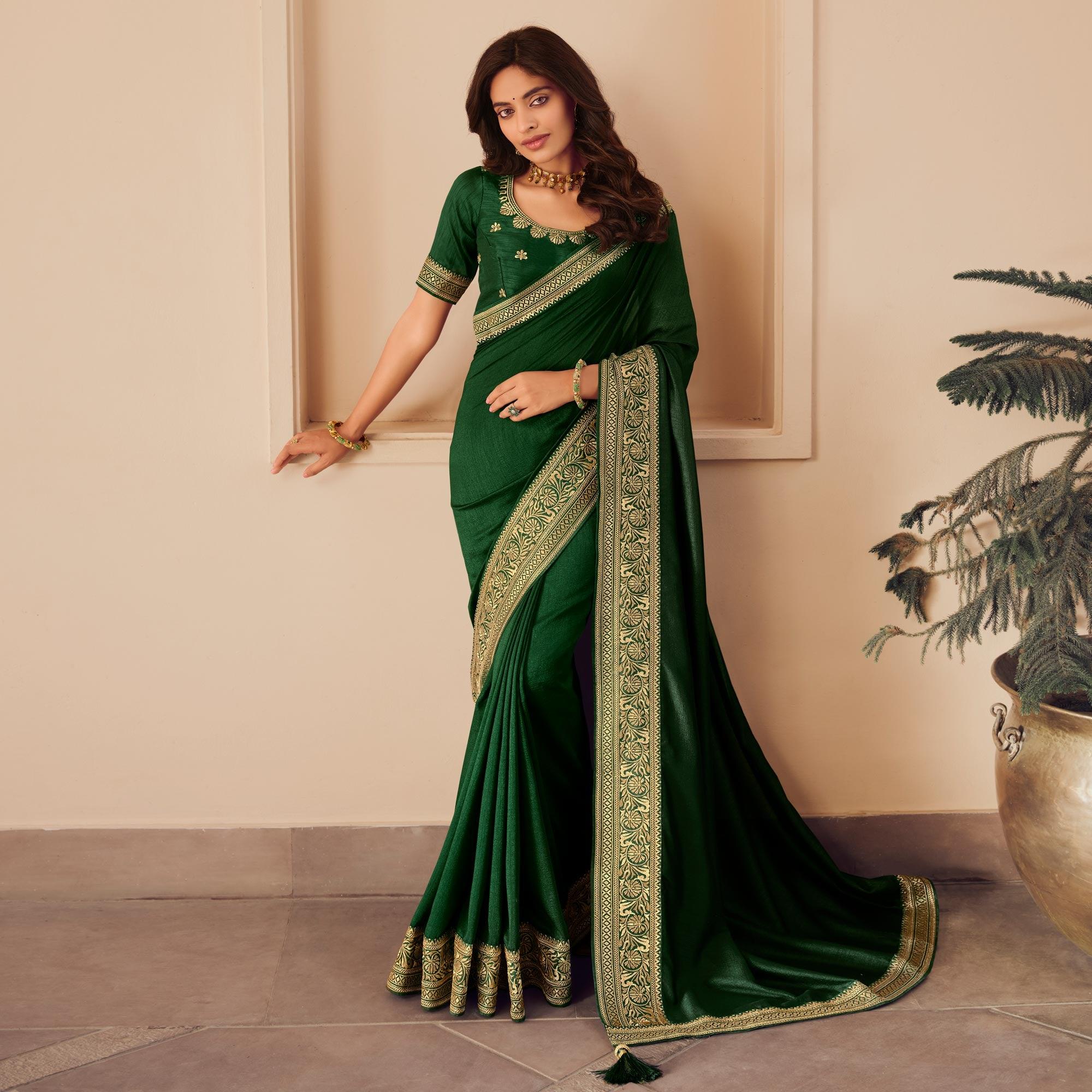 Green Solid Vichitra Silk Saree With Tassels - Peachmode