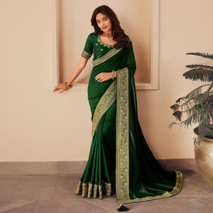 Green Solid Vichitra Silk Saree With Tassels - Peachmode