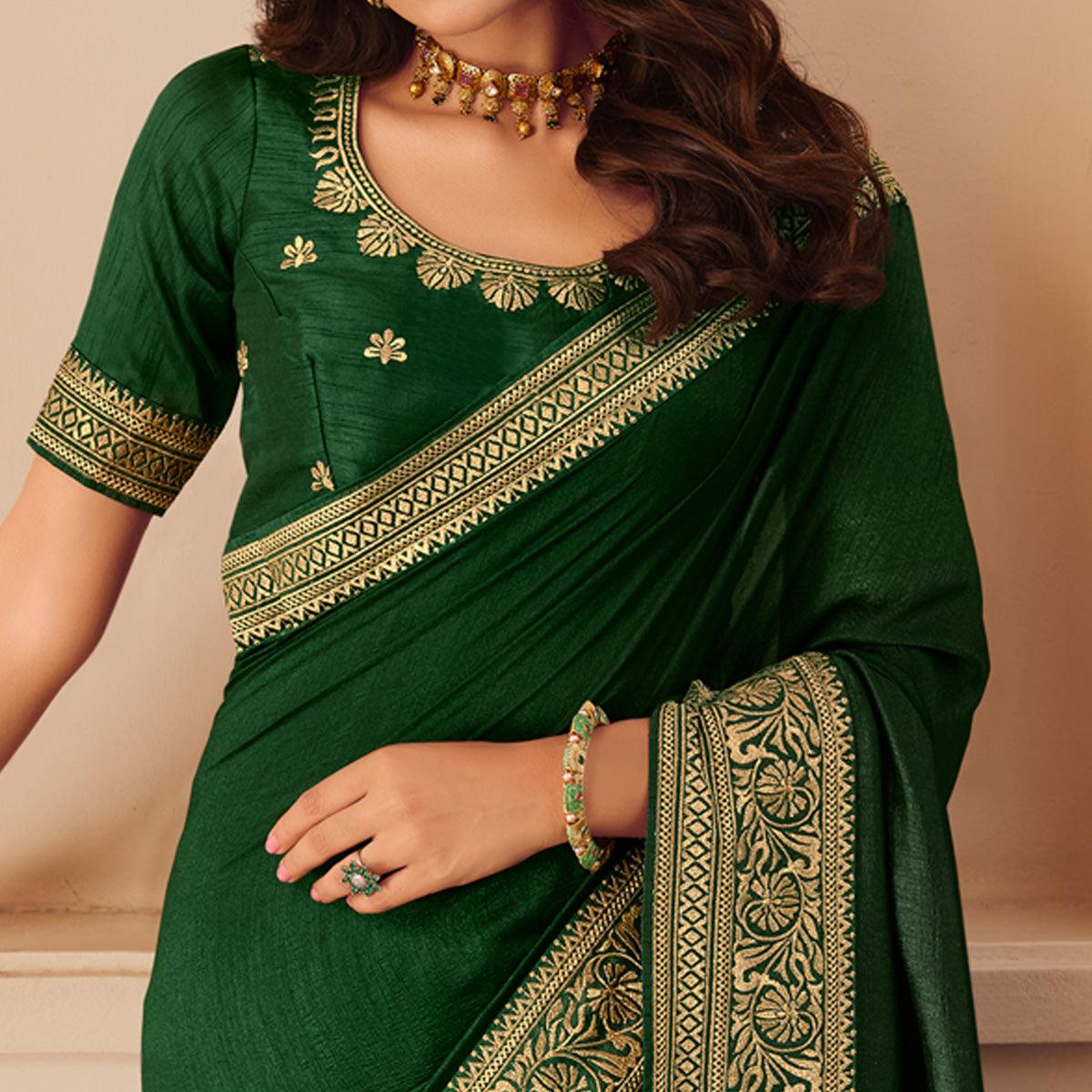 Green Solid Vichitra Silk Saree With Tassels - Peachmode